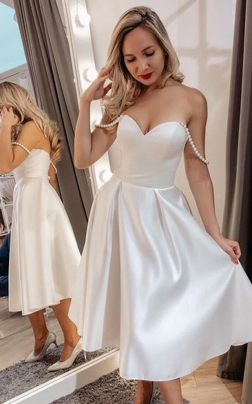 Simple Sweetheart Satin Tea-length Short Wedding Dress with Beadings