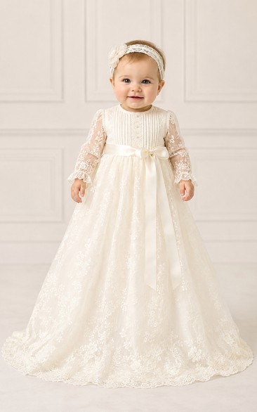 Baby Christening Gown Modest Princess Ball Gown Long Sleeve Illusion Tulle Lace Floor-Length Sweep Train with Bow Sash in Ivory
