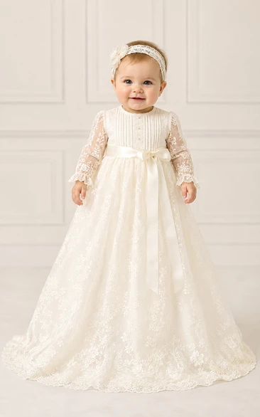 Baby Christening Gown Modest Princess Ball Gown Long Sleeve Illusion Tulle Lace Floor-Length Sweep Train with Bow Sash in Ivory