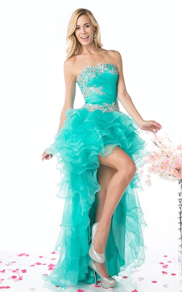 A-Line High-Low Strapless Sleeveless Organza Backless Dress With Beading And Tiers