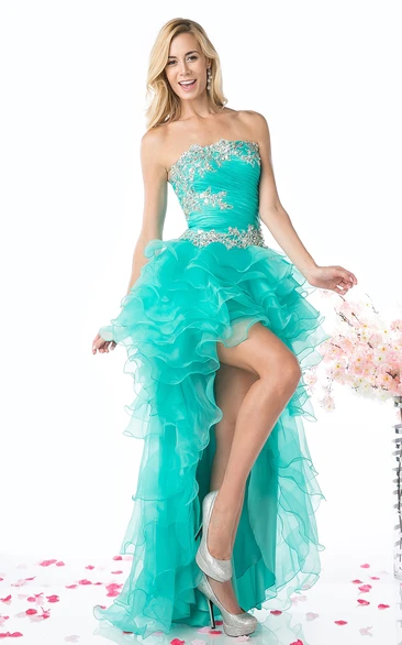 A-Line High-Low Strapless Sleeveless Organza Backless Dress With Beading And Tiers