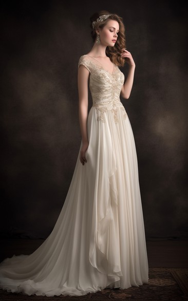 Cap V-neck Ruched Applique Empire Chiffon Pleated Wedding Dress