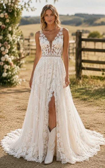 V-Neck A-Line Lace Country Wedding Dress with Split Front and Chapel Train