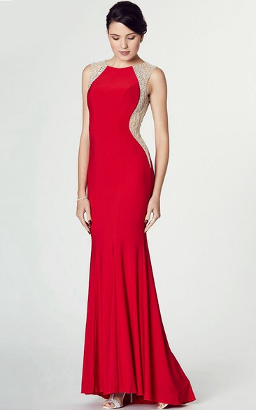 Sleeveless Scoop Neck Beaded Jersey Prom Dress With Keyhole