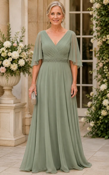 Sage A-Line Chiffon V-Neck Mother of the Bride Dress with Flutter Sleeves