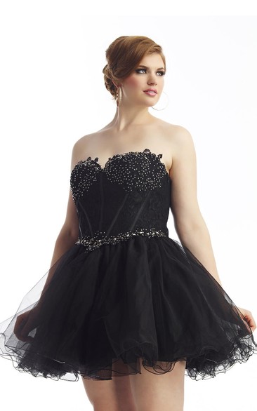 A-line Short Sweetheart Sleeveless Tulle Lace Appliques Beading Lace-up/Corset Back Dress