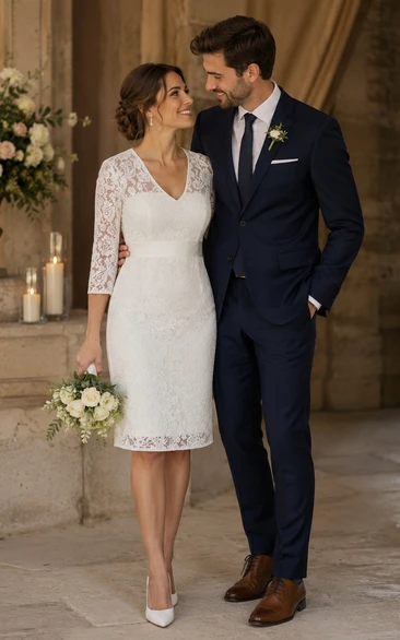 A-line V-neck Illusion 3/4 Length Sleeve Knee-length Lace Wedding Dress