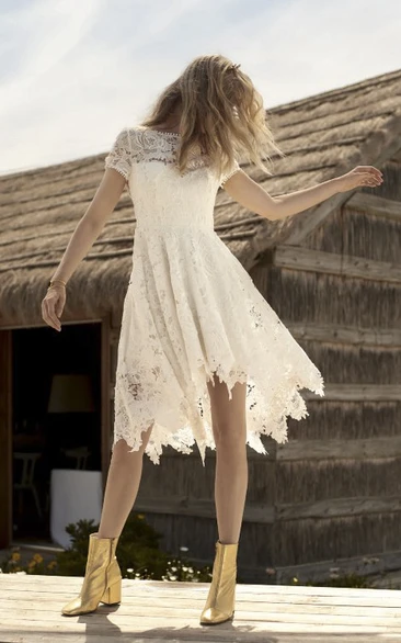 Knee-length Informal Short Sleeve Country Wedding Dress With Illusion Lace Details