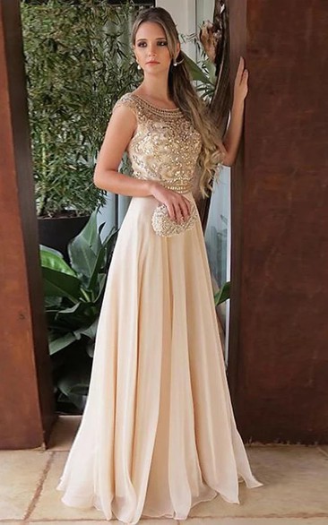 Scoop-neck Cap Chiffon Champagne Prom Dress with Beaded Top