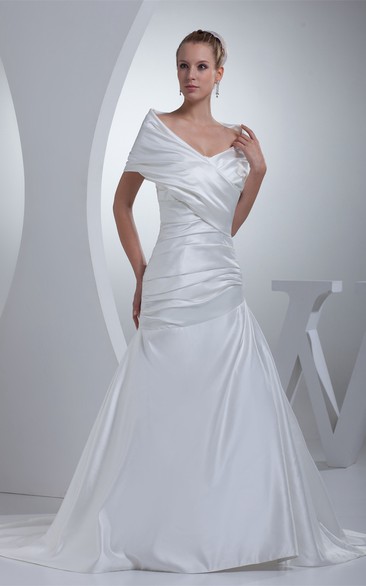 V-Neck Satin A-Line Ruched Court Train and Gown With Wrap Design