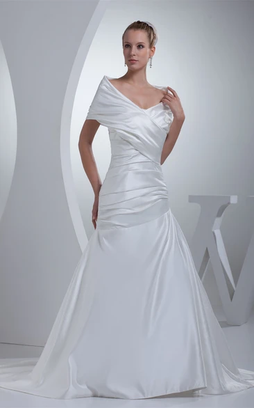 V-Neck Satin A-Line Ruched Court Train and Gown With Wrap Design