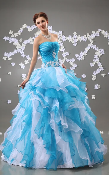 Chic Floral Strapless A-Line Ball Gown With Ruffles and Beading