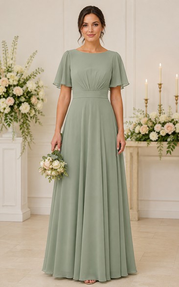 Sage Bateau Short Sleeve A-Line Chiffon Bridesmaid Dress