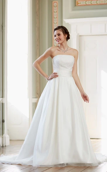 A-Line Beaded Strapless Sleeveless Long Satin Wedding Dress With Backless Style And Court Train