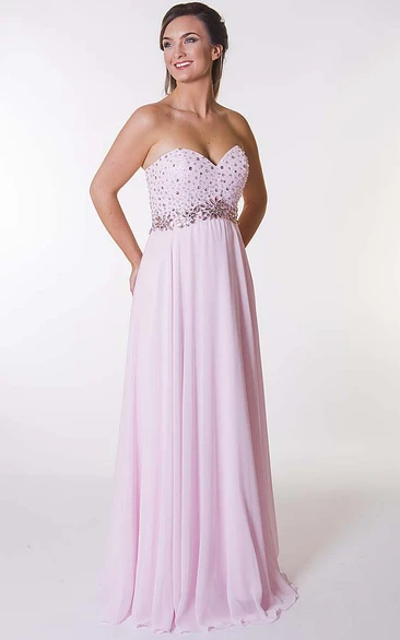 A-Line Sweetheart Sleeveless Beaded Long Chiffon Prom Dress With Pleats