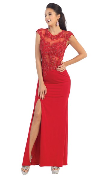 Sheath Long Jewel-Neck Cap-Sleeve Jersey Keyhole Dress With Split Front And Appliques