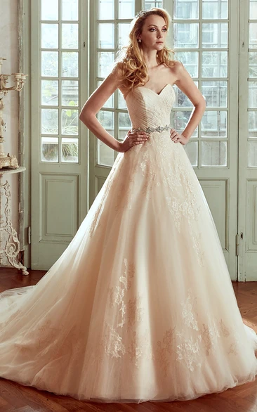 Sweetheart A-Line Gown With Beaded Belt And Pleated Bodice