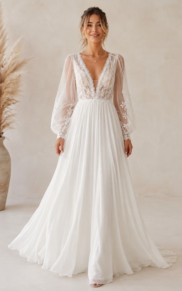Boho A-Line Lace Wedding Dress with Long Illusion Sleeves and Flowing Train