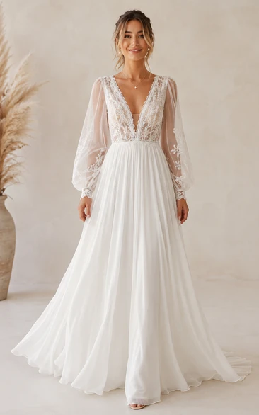 Boho A-Line Lace Wedding Dress with Long Illusion Sleeves and Flowing Train
