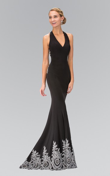 Sheath Maxi V-Neck Sleeveless Jersey Straps Dress With Beading
