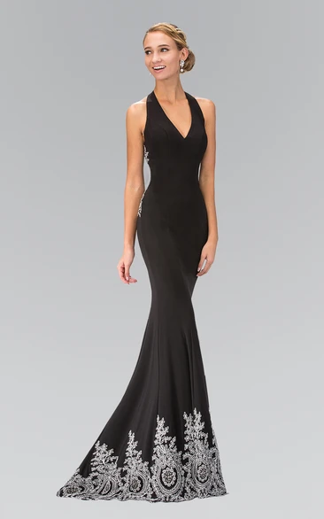 Sheath Maxi V-Neck Sleeveless Jersey Straps Dress With Beading