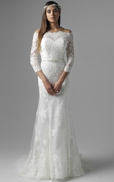 Floor-Length Jeweled Off-The-Shoulder 3-4 Sleeve Lace Modest Wedding Dress
