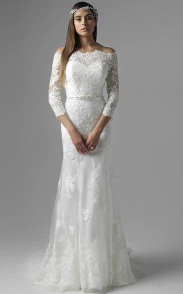Floor-Length Jeweled Off-The-Shoulder 3-4 Sleeve Lace Modest Wedding Dress