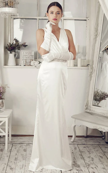 Sheath Maxi Sleeveless V-Neck Jeweled Satin Wedding Dress With Low-V Back And Bow