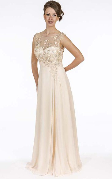 Sheath Sleeveless Floor-Length Embroidered Scoop-Neck Chiffon Prom Dress With Beading
