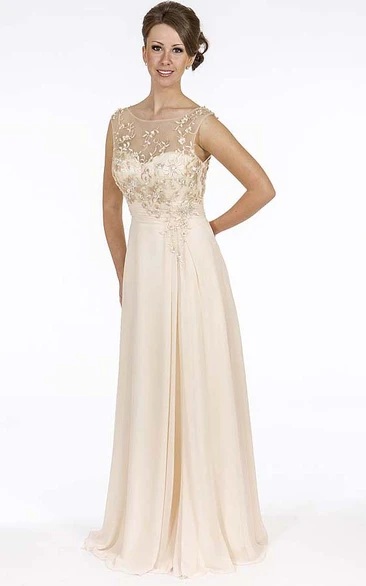 Sheath Sleeveless Floor-Length Embroidered Scoop-Neck Chiffon Prom Dress With Beading