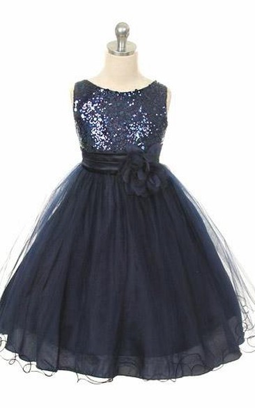 Floral Tea-Length Floral Sequins&Satin Flower Girl Dress With Sash