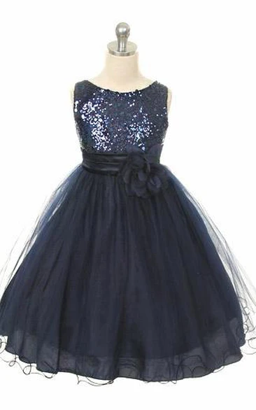 Floral Tea-Length Floral Sequins&Satin Flower Girl Dress With Sash