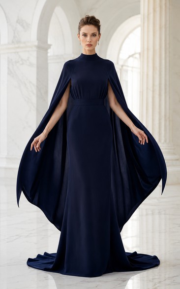 Dark Navy High Neck Cape Sleeve Sheath Evening Dress with Train