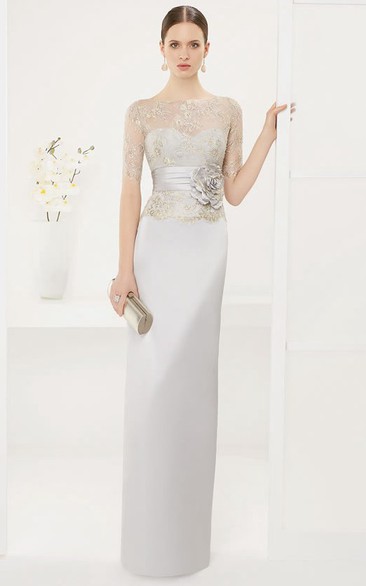 Bateau Short Sleeve Sheath Satin Long Dress With Lace Top And Flower ...