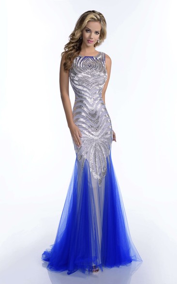Tulle Mermaid Bateau Neck Sleeveless Shining Sequins Prom Dress With Keyhole Back