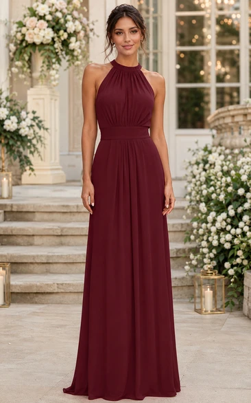 Burgundy Halter Chiffon A-Line Bridesmaid Dress