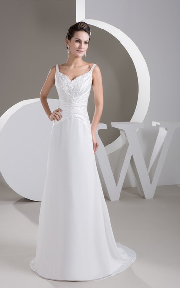 Plunged Sheath Appliqued Brush Train and Dress With Central Ruching