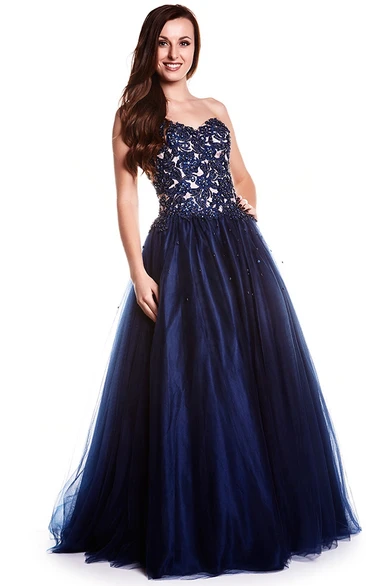 A-Line Sleeveless Maxi Sweetheart Appliqued Tulle Prom Dress With Lace-Up Back And Beading