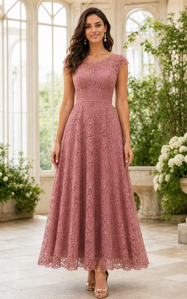 Dusty Rose Lace Cap Sleeve Floor-length A-Line Dress