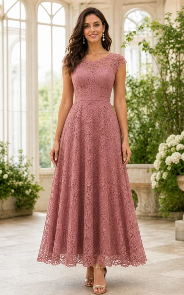 Dusty Rose Lace Cap Sleeve Floor-length A-Line Dress