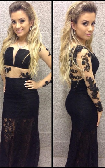 Newest Lace Appliques Black Evening Dress Long Sleeve