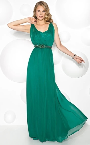 V-Neck Jeweled Sleeveless Chiffon Prom Dress With Appliques