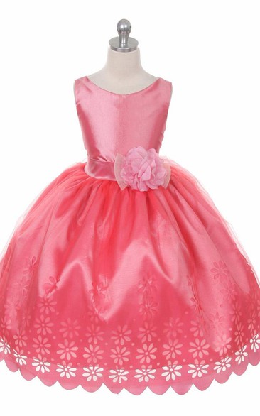 Tea-Length Floral Floral Satin Flower Girl Dress