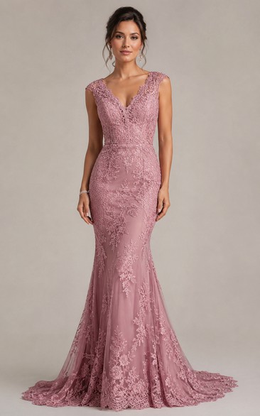 Dusty Rose V-neck Mermaid Mother of the Bride Dress