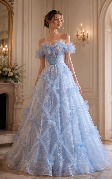 Robe de bal bleue sans bretelles à fleurs scintillantes
