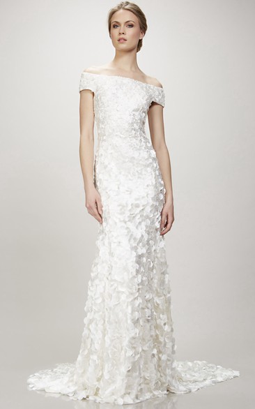 Off-The-Shoulder Maxi Beaded Sequins Wedding Dress With Court Train