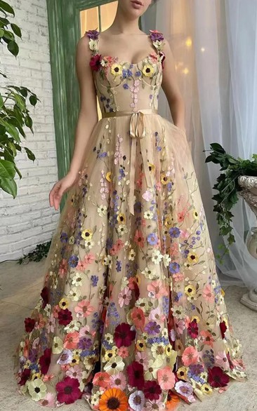 Beige Floral Embroidered Tulle Gown with Ribbon Belt