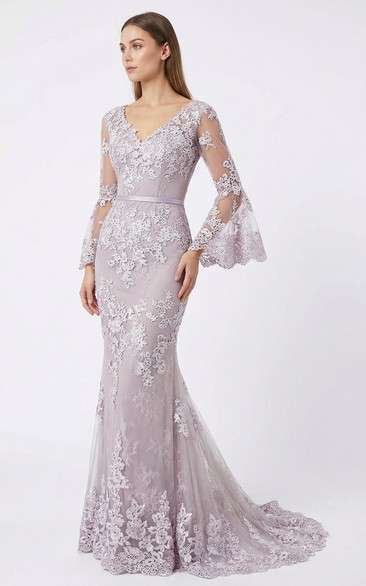3/4 Sleeve Trumpet Lace Evening Gown