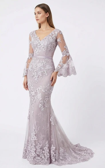 3/4 Sleeve Trumpet Lace Evening Gown