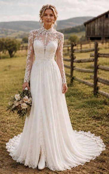High Neck Long Sleeve A-Line Country Wedding Dress with Lace Bodice and Train